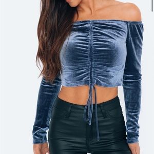 These Three Velvet Top | Long Sleeve Blue Top | Off the Shoulder Top